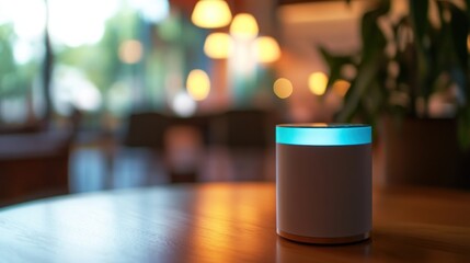 Smart Speaker on Wooden Table in Cafe Ambiance