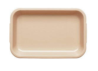 Empty peach colored plastic food tray on white background