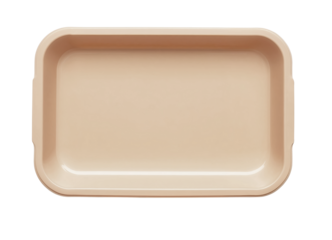 Empty peach colored plastic food tray on white background