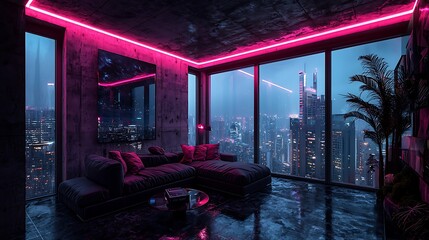 Neon-lit penthouse apartment overlooking rainy city at night; ideal for futuristic or cyberpunk themes