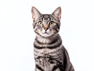 Obraz premium Striped cat with bright eyes poses against a light background showcasing its expressive personality and playful demeanor