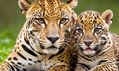 Obraz premium Two jaguars resting together in a lush, green environment during daylight hours