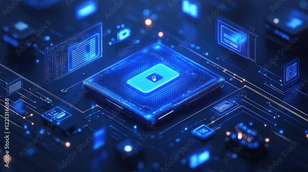 Poster conceptual visualization of modern technology, depicting a microchip or processor on a circuit board