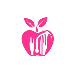 Pink apple logo with fork and knife; healthy food; educational; poster or presentation graphic