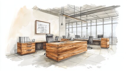 A modern office space featuring wooden furniture, large windows, and a minimalist design, creating a bright and inviting work environment.