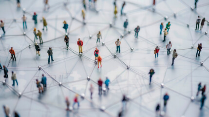  Illustration of interconnected people icons with lines and nodes, symbolizing networking, communication, and collaboration in a digital system..