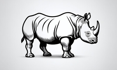 Fototapeta premium Rhinoceros illustration in a stylized black and white design showcasing unique features and muscular build