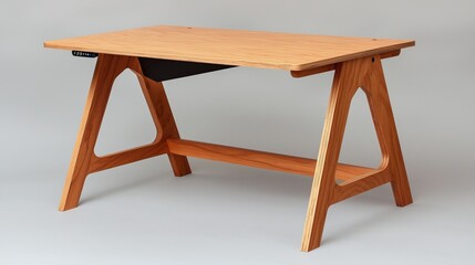 Fototapeta premium A stylish wooden desk with a unique design, featuring a textured top and sturdy legs, perfect for work or study environments.