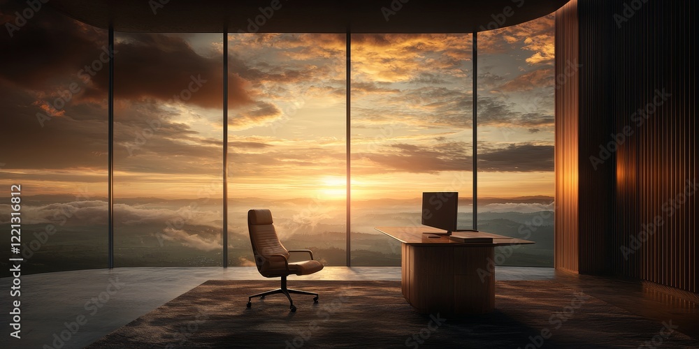 Poster A modern office with large windows showcases a stunning sunset, creating a serene and inspiring workspace.