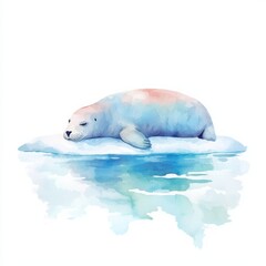 Naklejka premium Watercolor seal relaxing on iceberg serene ocean scene art illustration tranquil environment gentle perspective, isolated on white background