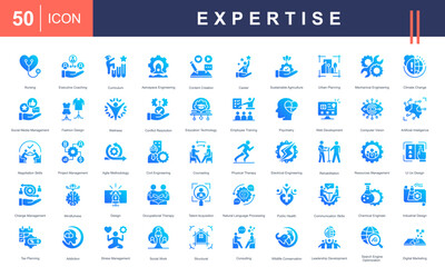 Icons for various fields of Expertise, including engineering, coaching, education, wellness, management, technology, design, healthcare, and more. Perfect for professional development projects.