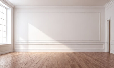 Fototapeta premium Bright and spacious interior with wooden flooring in a modern empty room during daytime