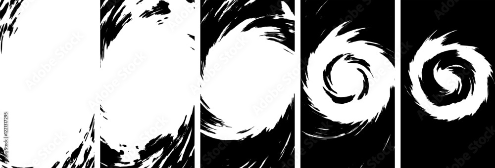 Poster collection of abstract black-and-white vector images featuring dynamic, swirling textures and patter