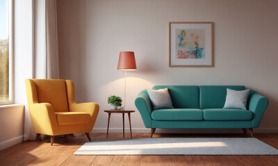 Cozy living room with modern furniture in warm natural light during the afternoon
