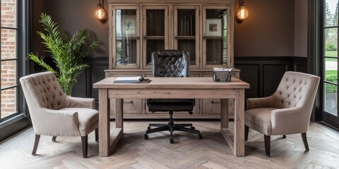A modern office space featuring a wooden desk, stylish chairs, and large windows, creating a bright and inviting work environment.