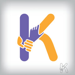 Unique handshake letter K design logo. Collaboration, help, agreement and teamwork corporate company design.	