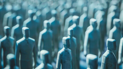  Blurred abstract depiction of a crowd of blue figures, symbolizing uniformity, society, and collective identity in a group setting..