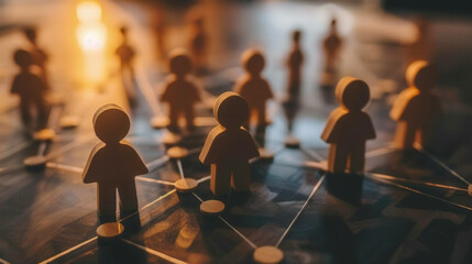  Wooden figures linked by a network structure under warm, ambient lighting, symbolizing connection, teamwork, and community collaboration..