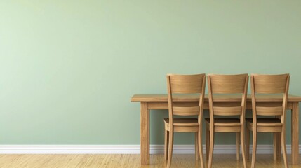 Simple wooden dining table chairs, pastel green wall, empty room, interior design mockup