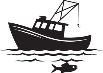 A clean and minimalist silhouette of a fishing boat floating on the water featuring a cabin with windows