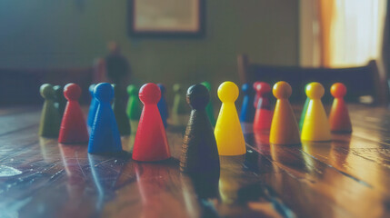 Brightly colored game pieces standing on a polished wooden surface, symbolizing diversity, teamwork, and collaboration in a casual setting..