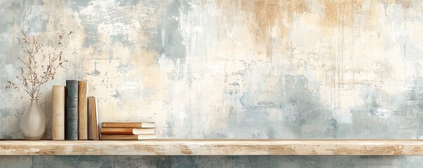 A minimalist shelf displays a collection of books and a decorative vase against a textured, muted wall background.
