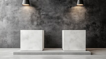 Two white marble cubes on gray platform against dark wall with lights.