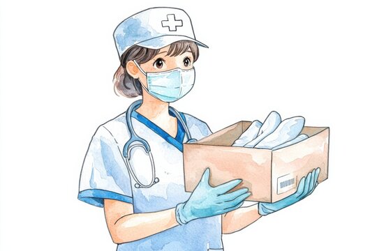 Healthcare worker delivering supplies hospital watercolor illustration clinical environment close-up view compassionate care, isolated on white background