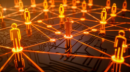  Bright orange glowing human figures interconnected by lines on a circuit board-like background, symbolizing digital networks and teamwork..