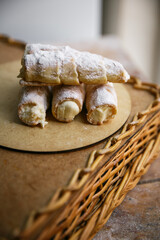 Custard tube of pastry filled with cream dessert cake
