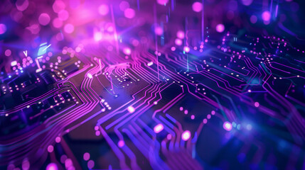 Close-up of a vibrant circuit board in purple and pink tones, showcasing glowing paths and futuristic digital technology concepts..