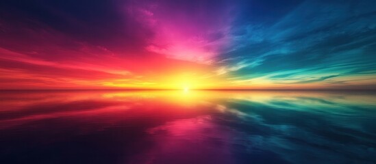 Breathtaking sunset reflections over a tranquil lake  Vibrant colorful sky with warm hues of red orange and purple fading into cool blues and greens mirrored on the calm surface of the water