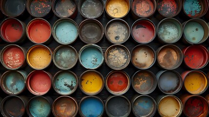 Colorful vintage paint cans arranged in rows showing weathered, rustic texture and varied hues perfect for artistic, industrial, or retro design backgrounds and creative projects.