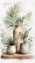 Fototapeta premium A serene watercolor illustration of three potted plants in earthy vases, showcasing natural beauty and greenery against a soft background.