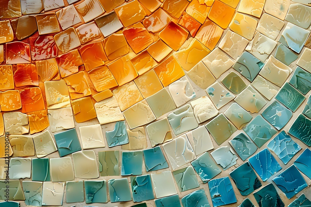 Poster abstract mosaic pattern with curved rows of glass tiles transitioning from warm orange and amber ton