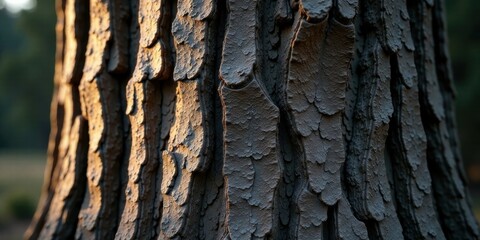 Close-up Detail of Tree Bark Texture at Sunset, Revealing Intricate Patterns and Natural Beauty