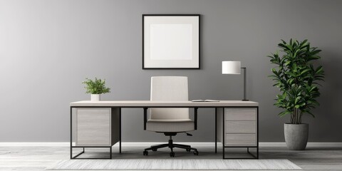 A modern, minimalist office setup featuring a desk, chair, lamp, plant, and framed artwork against a gray wall.