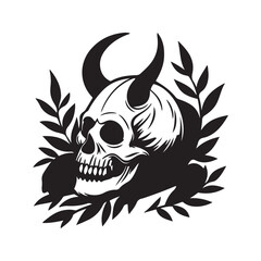 Dark occult symbol, demonic goat skull, pentagram, multiple human skulls