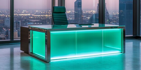 A modern office desk illuminated with green lights, set against a city skyline at twilight, showcasing a sleek design and professional atmosphere.