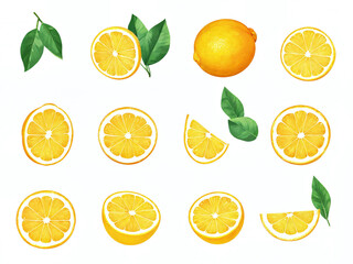 Fototapeta premium Fresh lemon slices arranged with leafy green accents on a light background showcasing their vibrant color and textures