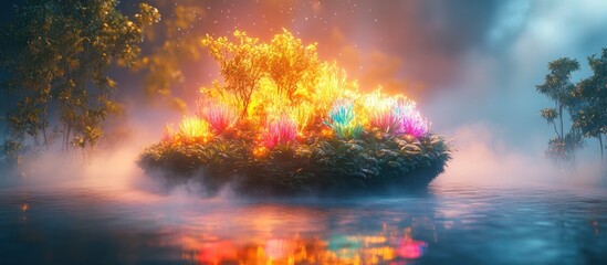 Fototapeta premium Enchanted Floating Island Surrounded by Glowing Flora and Mystical Reflections A Captivating Digital Depicting a Fantastical Landscape with Vibrant Colors Ethereal Lighting and a Dreamlike Atmosphere