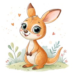 Cute funny cartoon kangaroo watercolor Illustration on white background