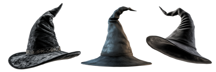 A set of three black witch hats with unique designs, featuring detailed textures and folds, isolated on a pure white background. Ideal for Halloween themes, fantasy artwork.