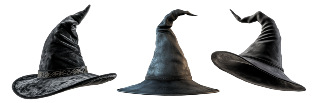 A set of three black witch hats with unique designs, featuring detailed textures and folds, isolated on a pure white background. Ideal for Halloween themes, fantasy artwork.