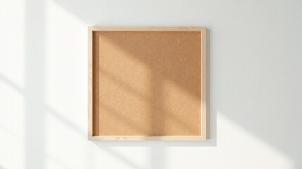 Fototapeta premium A Simple Wooden Framed Corkboard with Sunlight Shadows on a White Wall, Perfect for Displaying Notes, Reminders, or Inspirational Messages