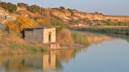 A secluded riverside hut surrounded by lush greenery and rocky cliffs at sunset.