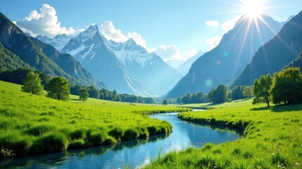 Fototapeta premium Serene River Valley Landscape with Majestic Snow-Capped Mountains Under a Bright Sunny Sky