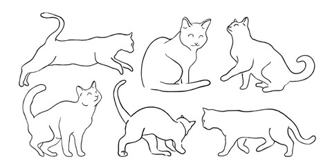 cat and kitten line drawings set different poses  vector illustration