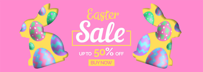 Easter sale 3d banner design with rabbits and decorative eggs on pink background vector illustration