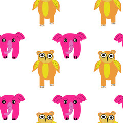 Seamless Vector Pattern with Pink Elephants and Owl Character in Doodle Cartoon Style